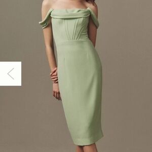 Anthropologie Dress The Population Green Off-The-Shoulder Corset Midi Dress